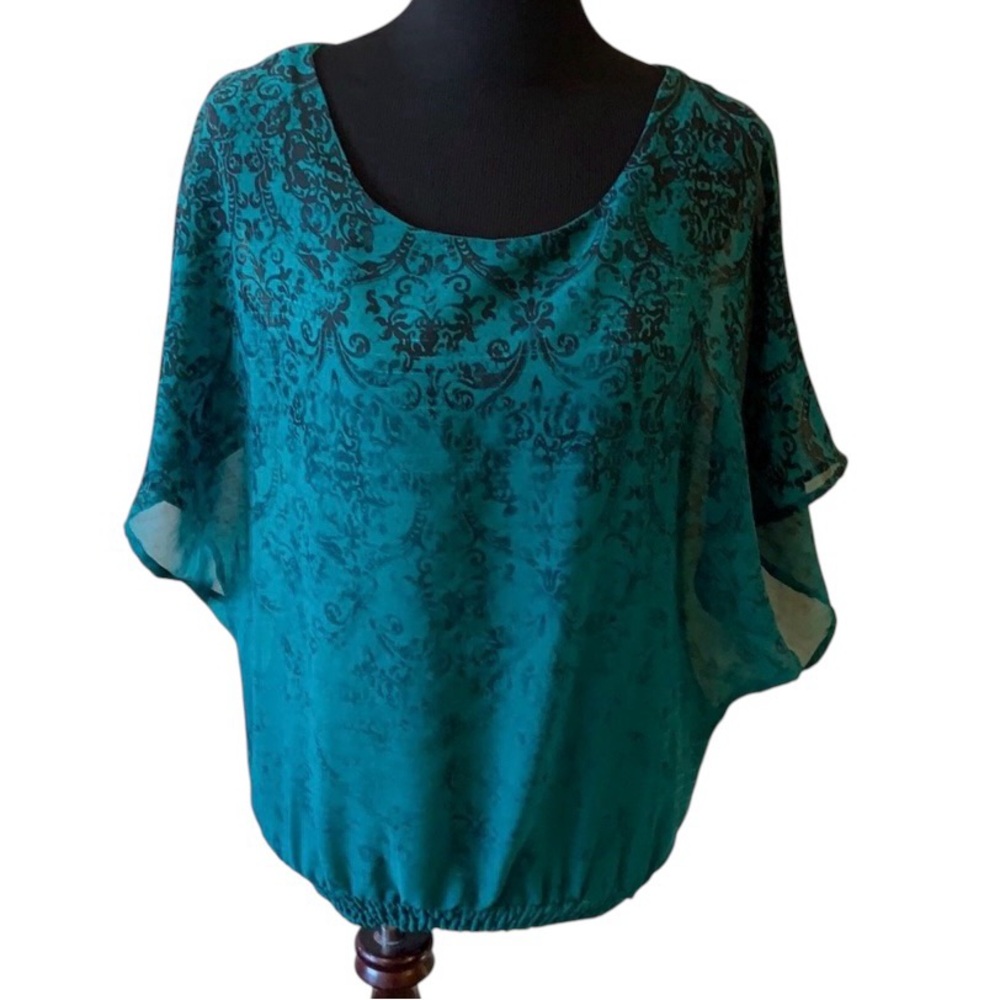 Studio Y Emerald Green Damask Print Blouse with Elastic Hem Y2K Women’s Sz Med